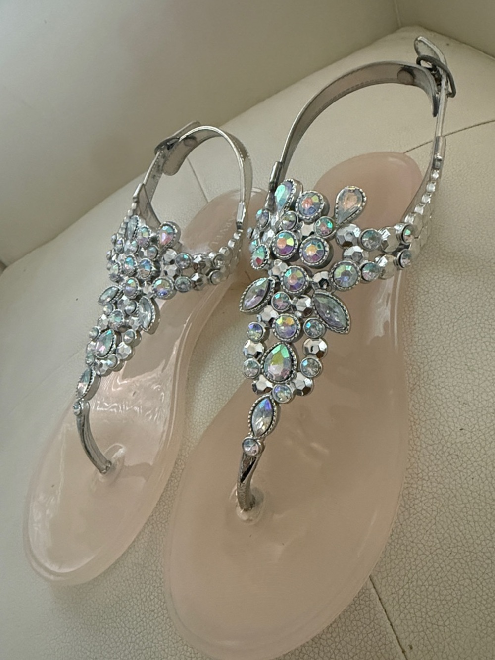 Crystal Jewel T-Strap Sandals - Silver